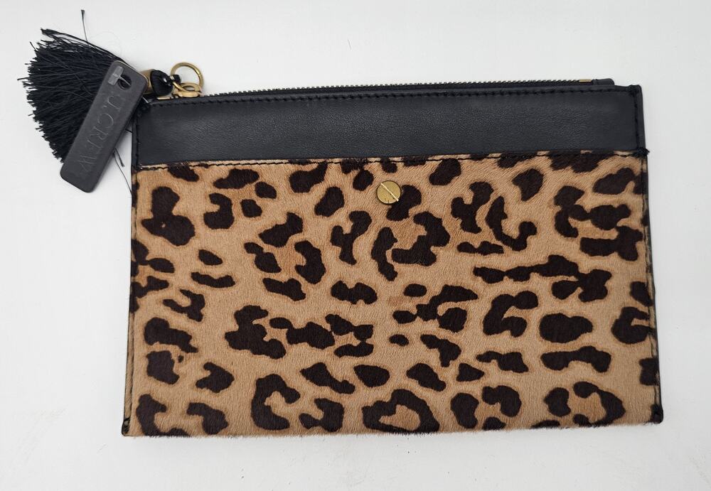 J. Crew Leopard Animal Calf Hair Leather Zipper Clutch Style Purse